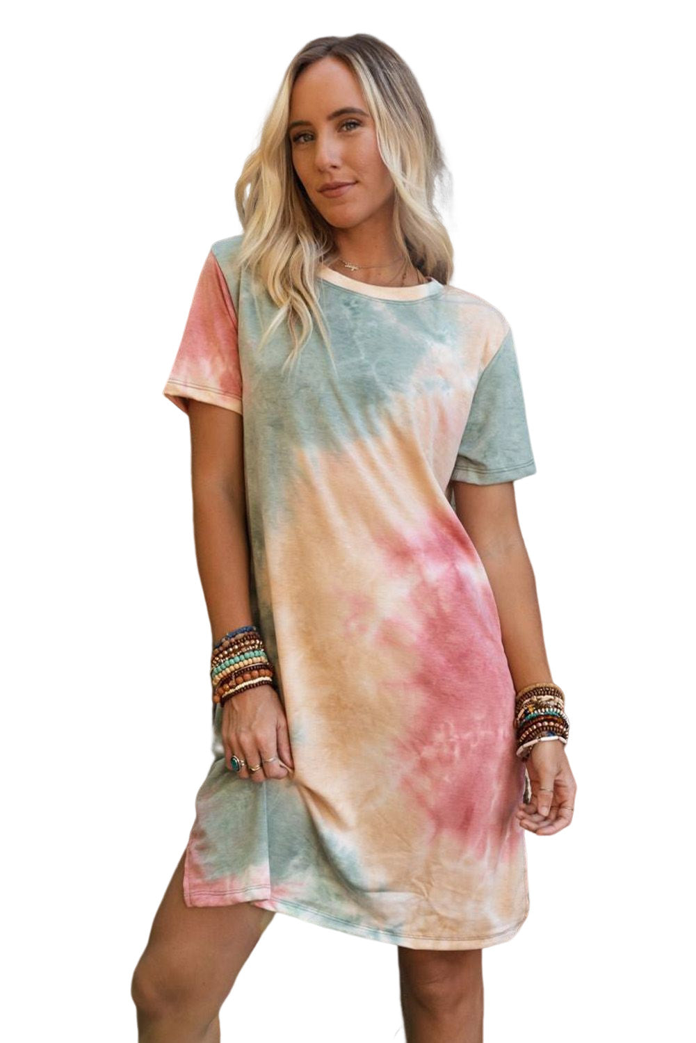 Tie Dye Oversized Slit Tee Dress | Multicolour