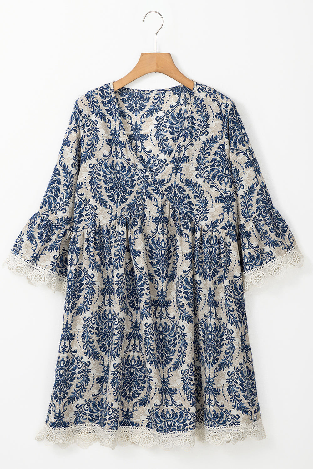 Vintage Printed Lace Trim V Neck 3/4 Sleeve Loose Dress | Sky Blue