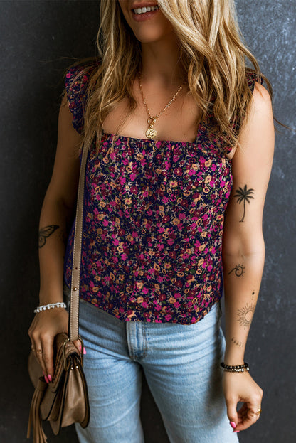 Boho Frilled Straps Floral Tank Top | Rose