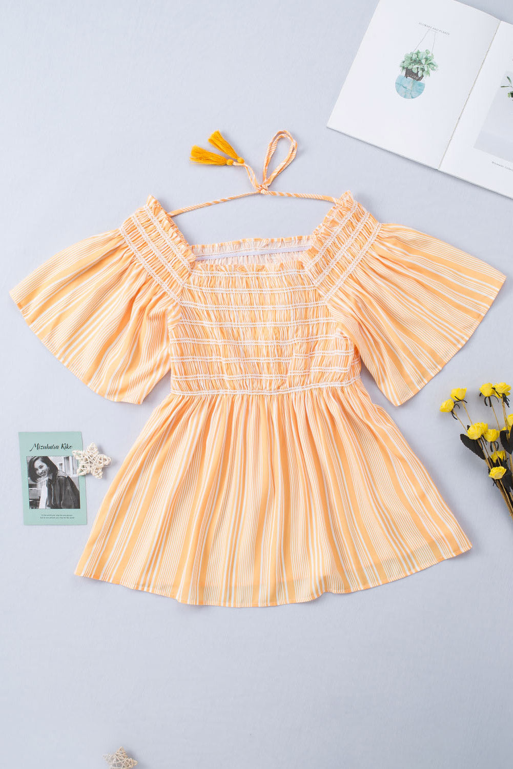 Striped Print Smocked Flowy Blouse | Yellow