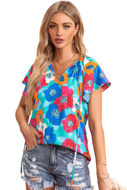 Floral Print Drawstring V Neck Short Sleeve Blouse | Multicolour