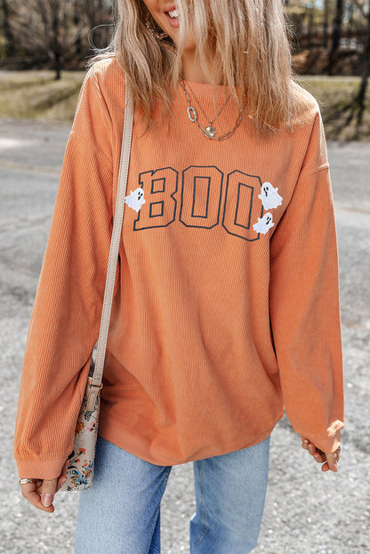 Embroidered Boo Ghost Corded Halloween Sweatshirt | Orange