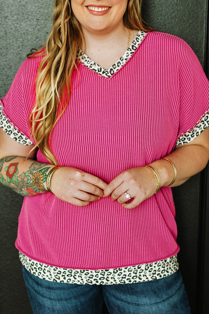 Leopard Trim V Neck Short Sleeve Plus Size Corded Top | Rose Red