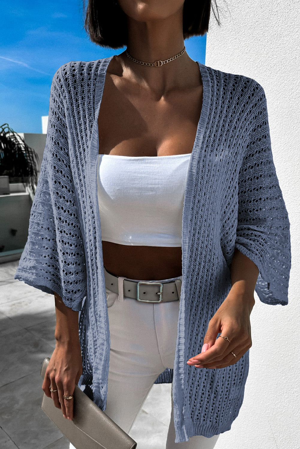 Sky Blue Hollow-out Bracelet Sleeve Knit Cardigan