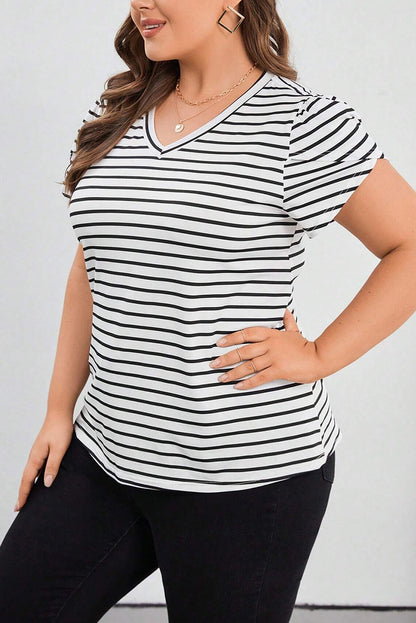 V Neck Petal Sleeve Plus Size T-Shirt | White Stripe