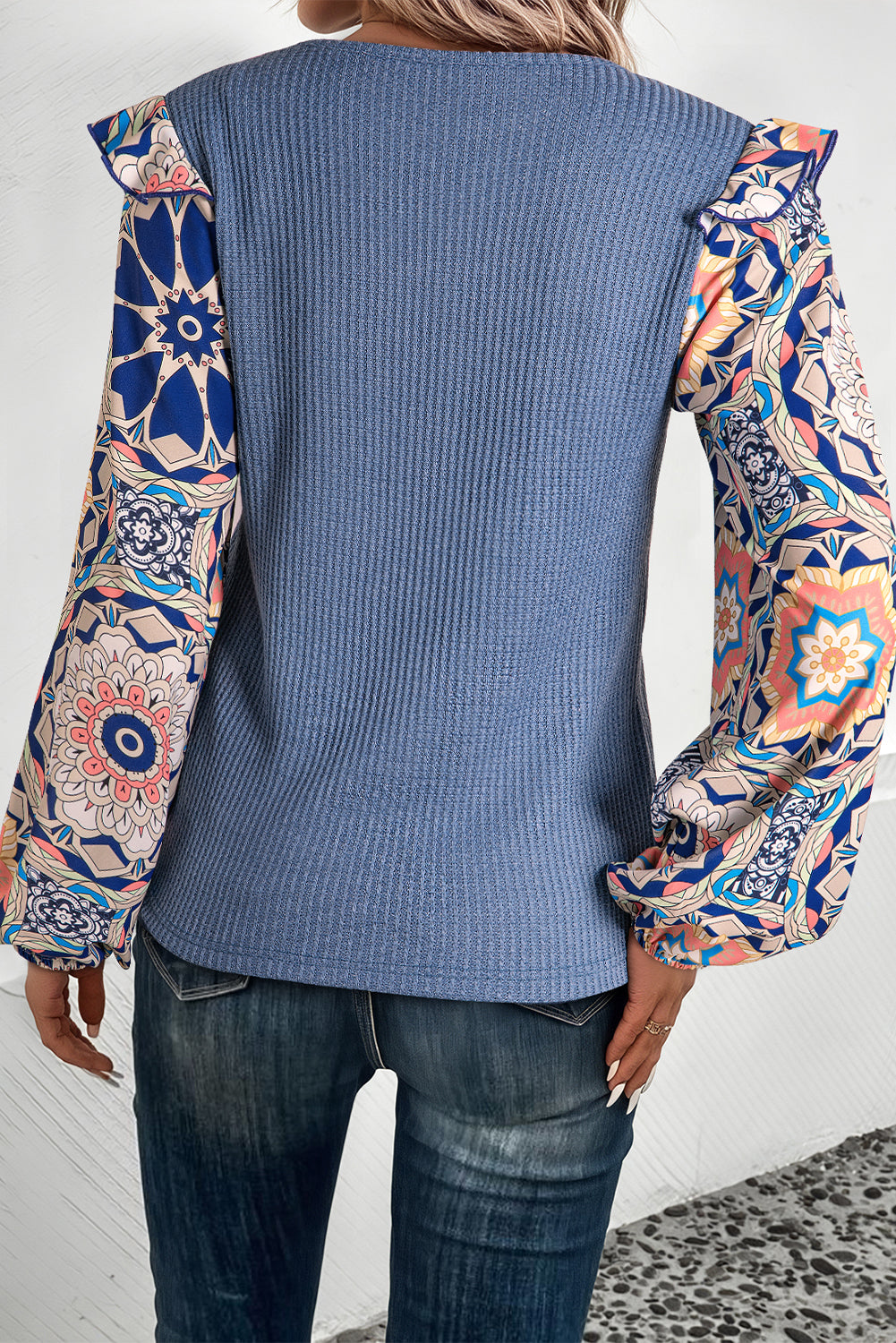 Ruffled Floral Sleeve Patchwork Waffle Knit O Neck Blouse | Ashleigh Blue