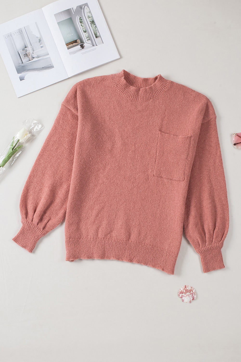 Solid Colour Puffy Sleeve Pocketed Sweater | Red