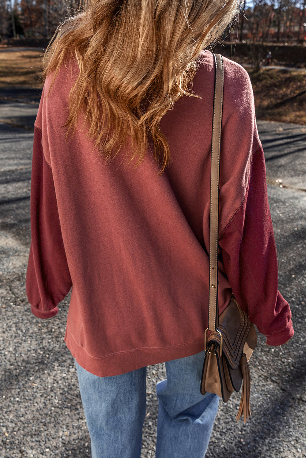 Two Tone Patchwork Drop Shoulder Pullover Sweatshirt | Mineral Red