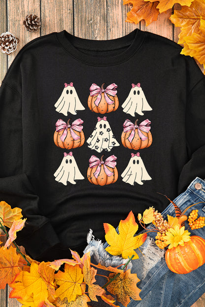 Halloween Bowknot Ghost Pumpkin Graphic Crewneck Sweatshirt | Black