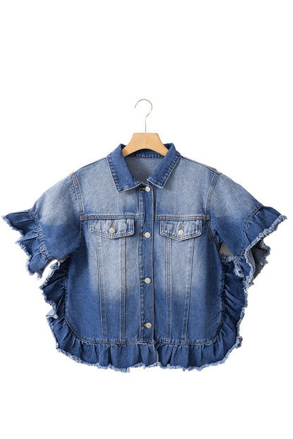 Ruffled Frayed Short Sleeve Plus Size Denim Jacket | Peacock Blue