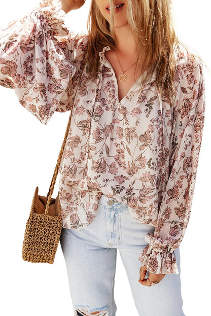 Boho Floral Print Split V Neck Bubble Sleeve Blouse | Pink