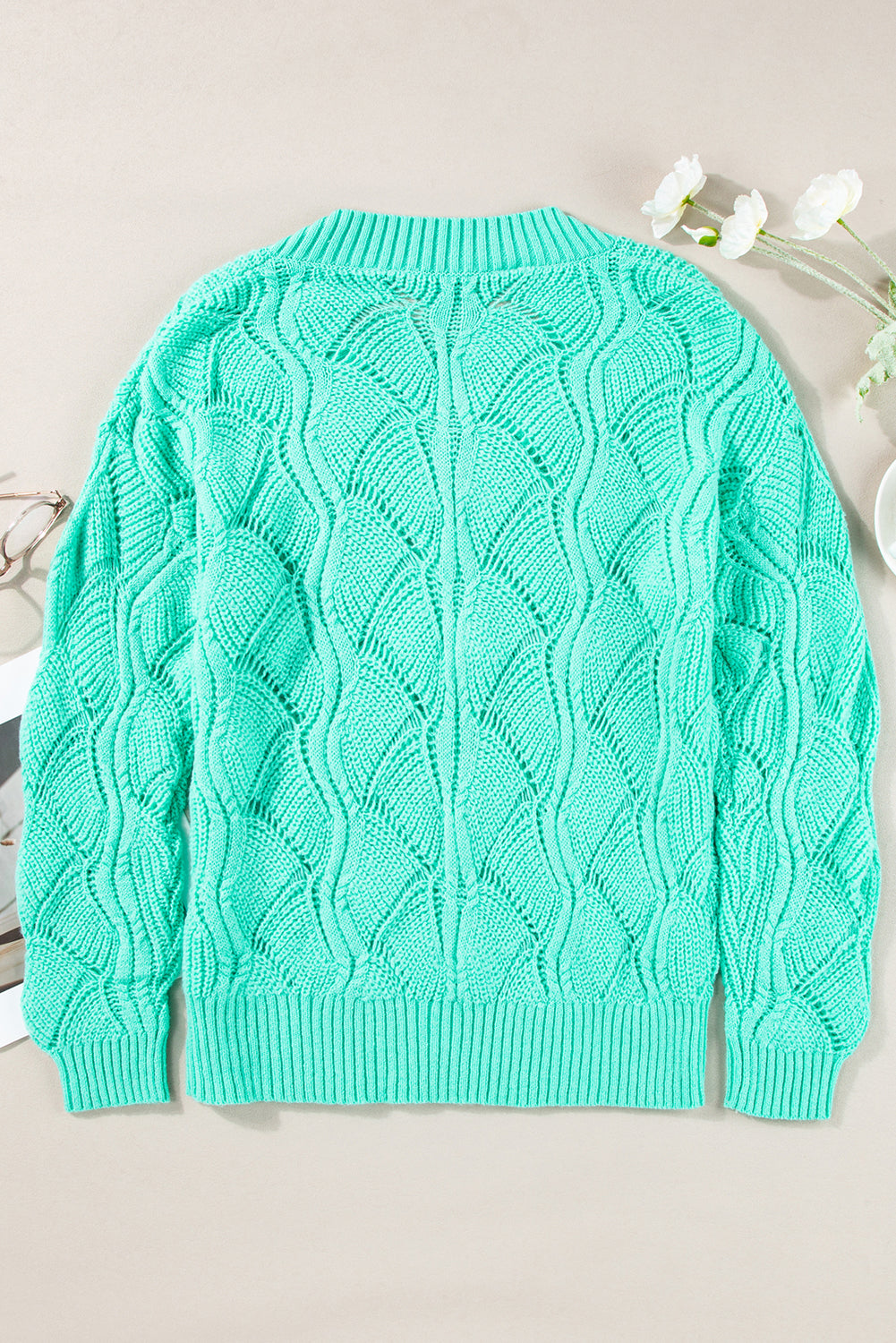 Hollow Out Knit V Neck Drop Shoulder Sweater | Mint Green