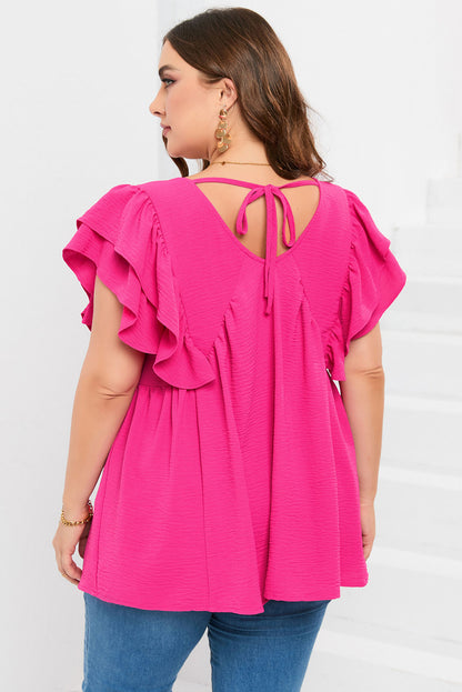 Plus Size Ruffle V Neck Tie Back Tunic Top | Pink