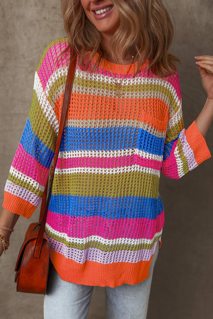 Colourblock Hollowed Crochet 3/4 Sleeve Sweater | Orange Stripe