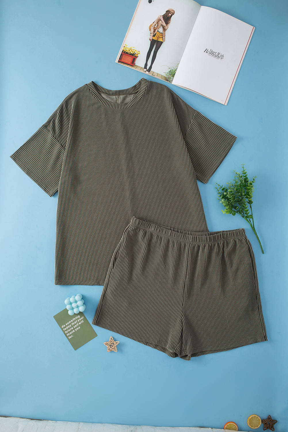 Plus Size Rib Knit Short Sleeve Top And Shorts Set | Moss Green