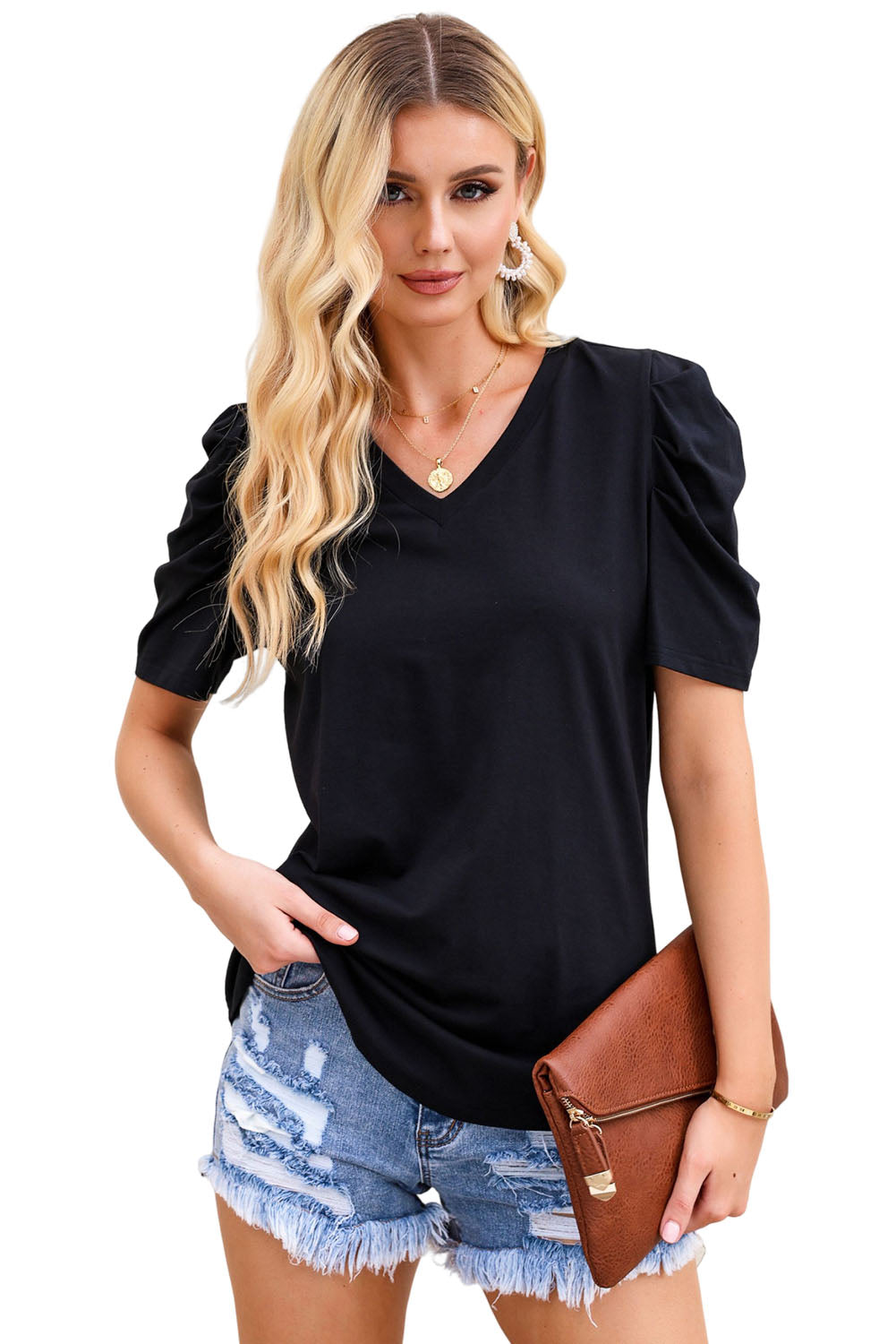 Puff Sleeve V-Neck T-Shirt | Black