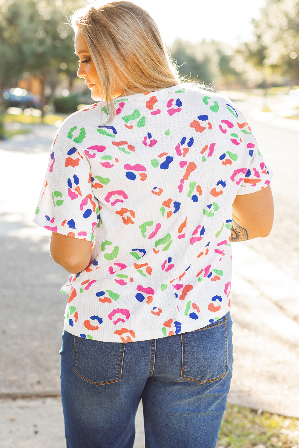 Multicolour Leopard Print Textured Plus Size T Shirt | White