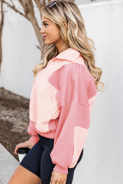 Exposed Seam Fuzzy Patchwork Zip Neck Sweatshirt | Pink