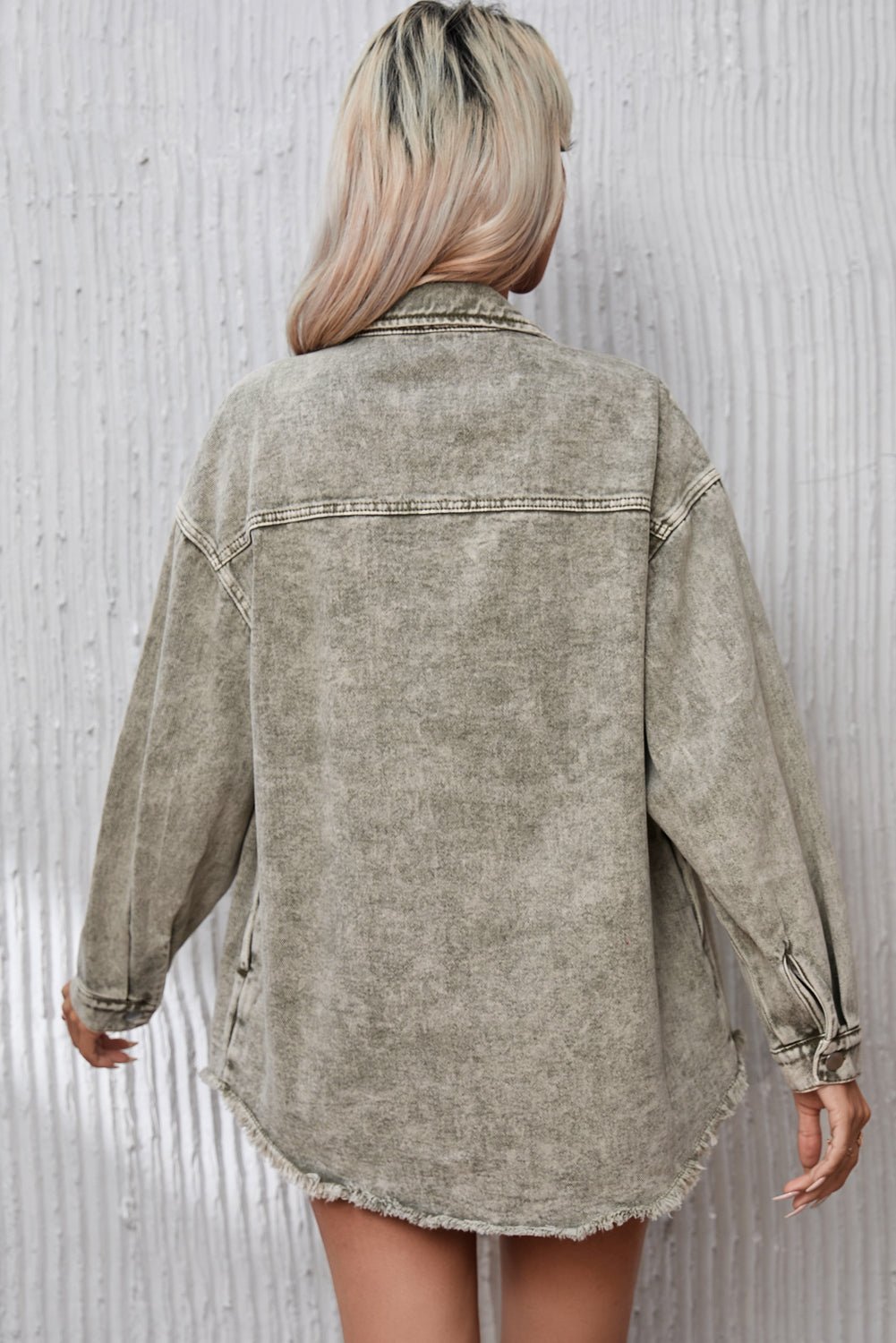 Sage Green Acid Wash Flap Pocket Raw Hem Tunic Denim Jacket | sage Green