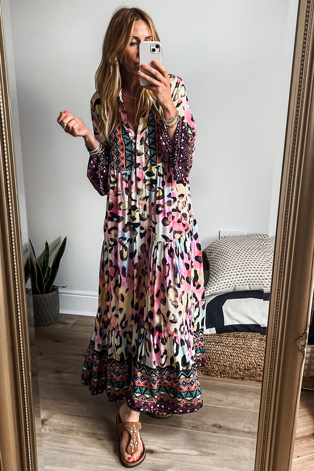 Western Leopard Printed 3/4 Sleeve Buttoned Front Tiered Maxi Dress | Pink