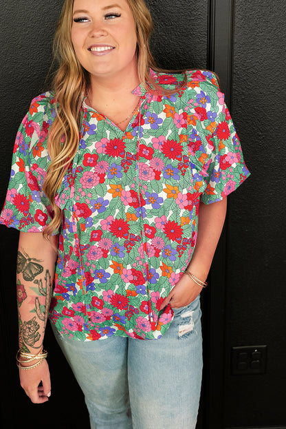 Plus Size Floral Print Ruffle V Neck Bubble Sleeve Blouse | Multicolour