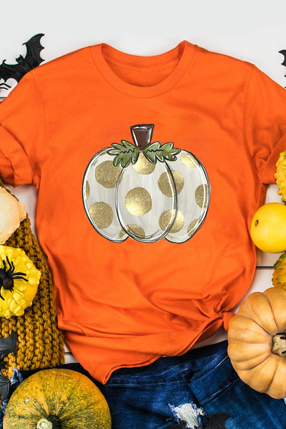 Thanksgiving Pumpkin Pattern Crew Neck Short Sleeve Top | Orange