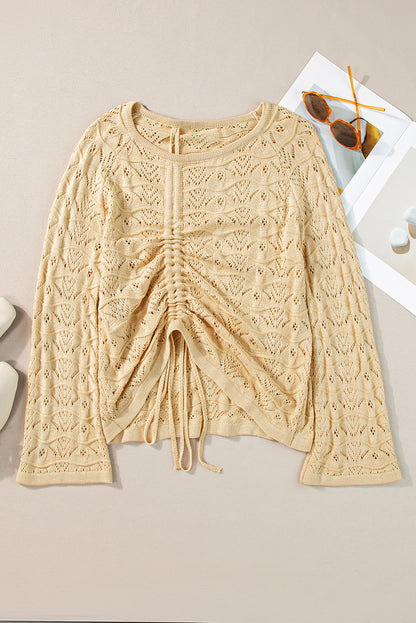 Hollowed Knit Asymmetric Drawstring Sweater | Khaki