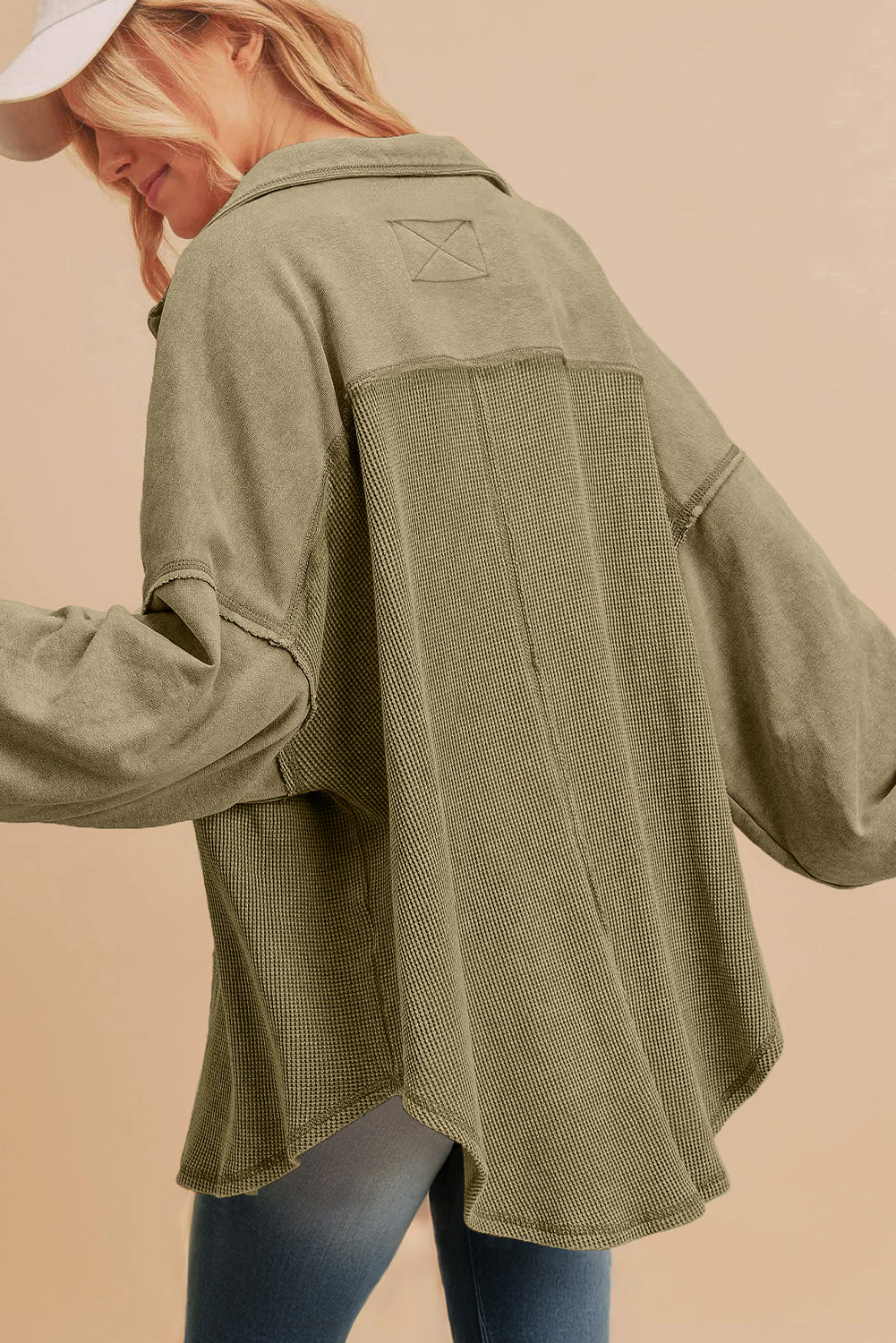 Waffle Knit Patchwork Exposed Seam Loose Shacket | Moss Green