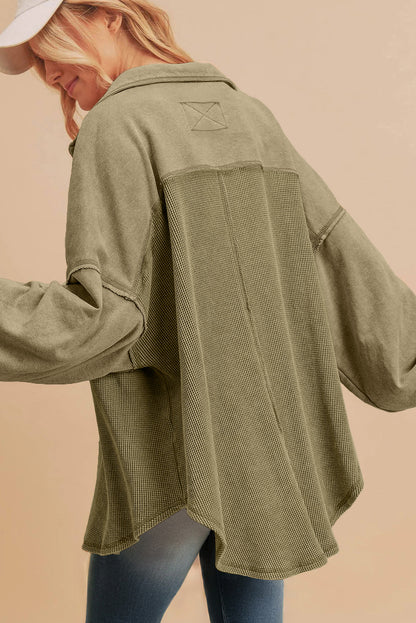 Waffle Knit Patchwork Exposed Seam Loose Shacket | Moss Green