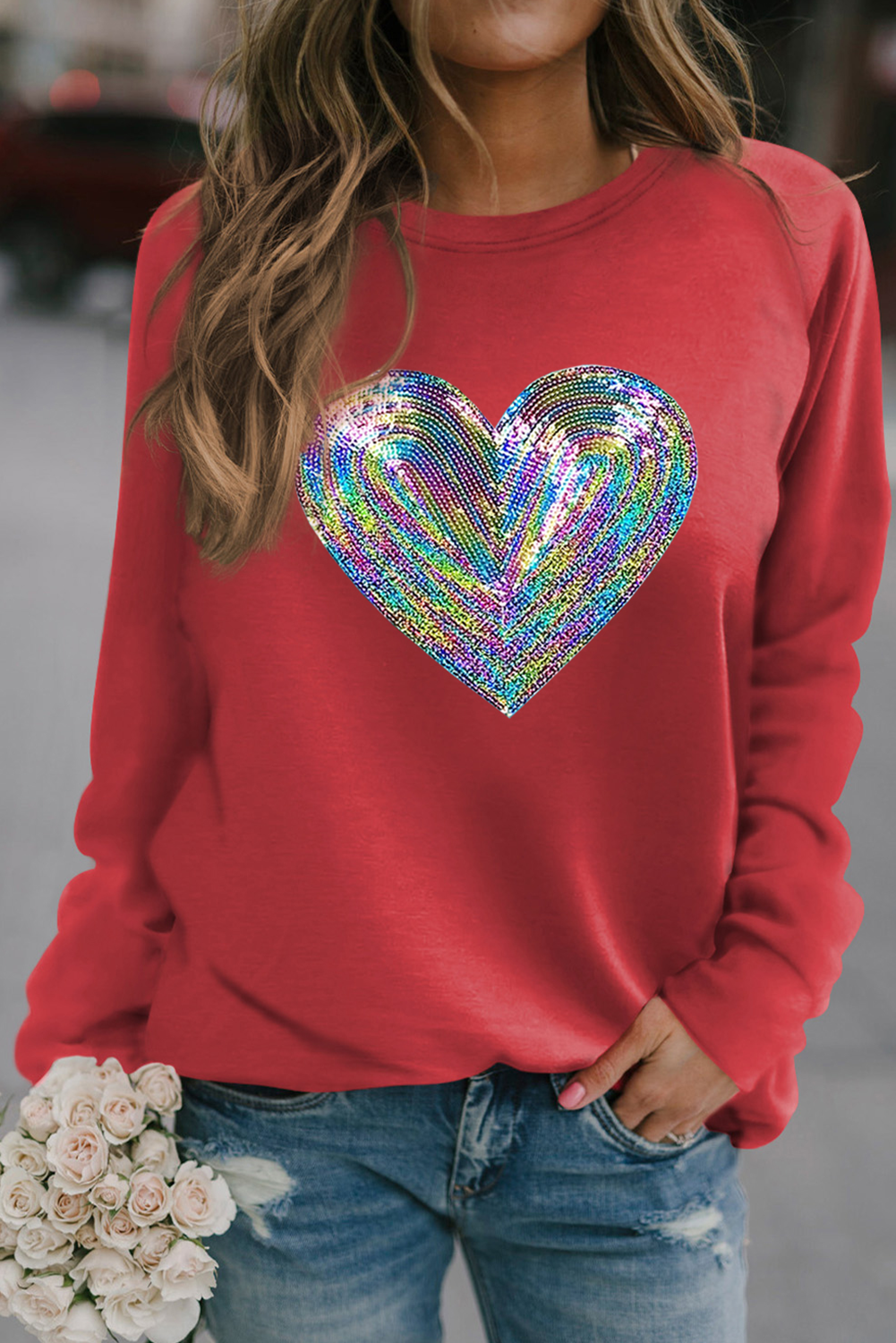 Red Bold Sequin Heart Crewneck Valentines Pullover Sweatshirt