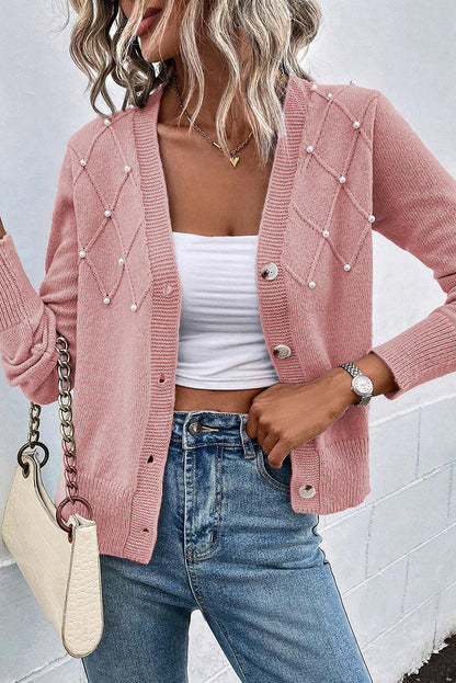 Textured Knit Pearl Beaded Button Up Cardigan | Sepia Rose