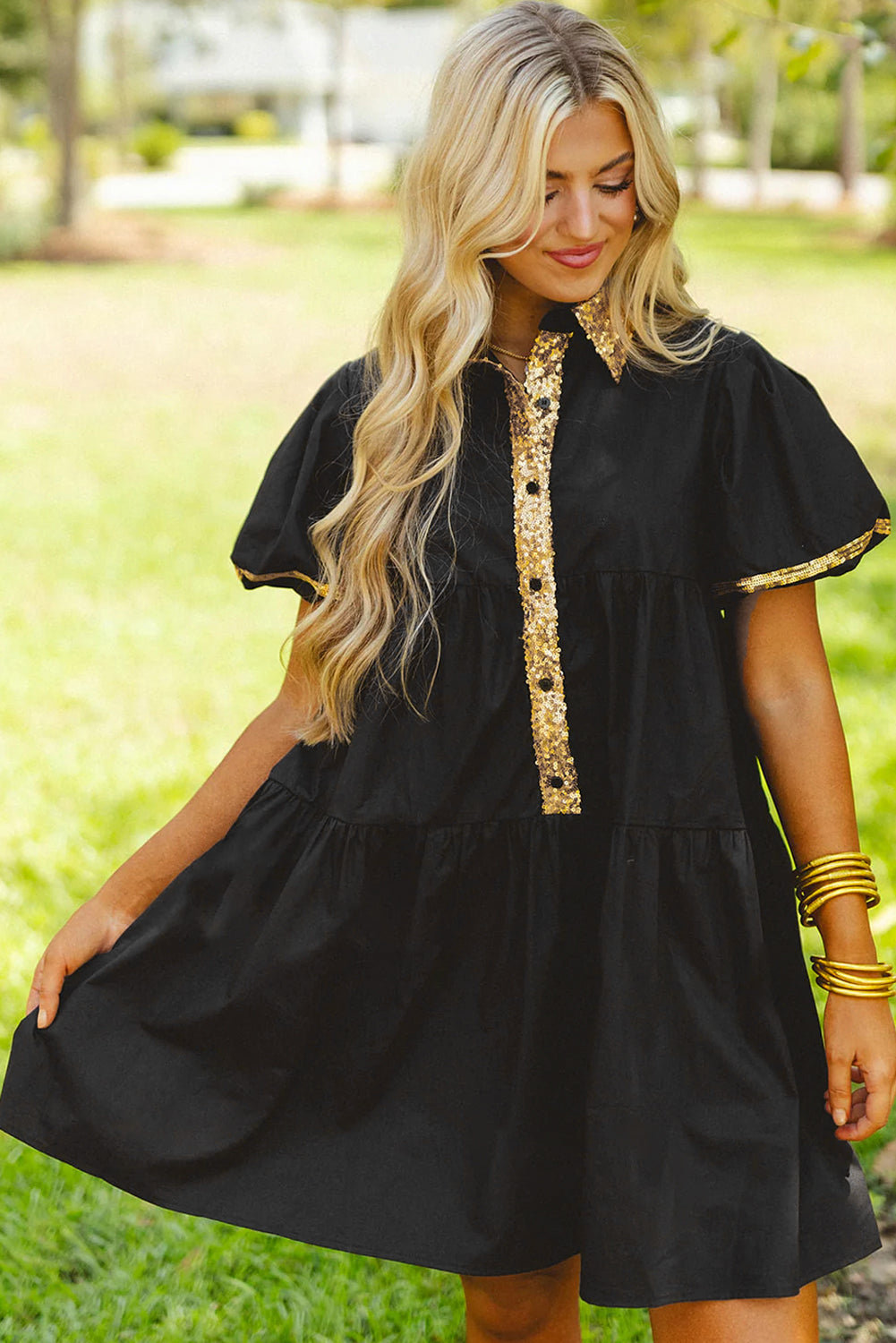 Sequin Trim Bubble Sleeve Game Day Shirt Dress | Black