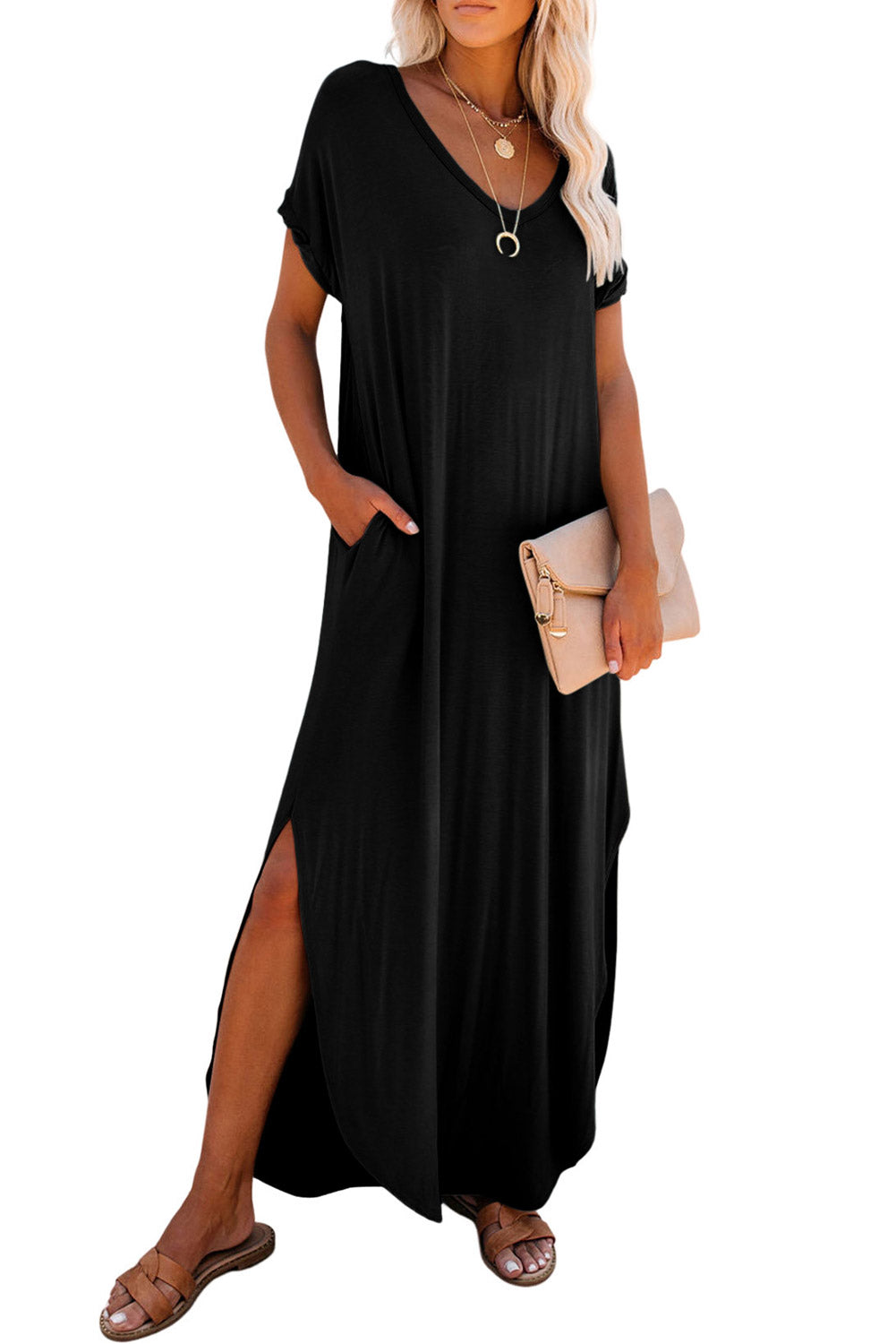 V Neck Hidden Pocket Splits Maxi T-Shirt Dress | Black