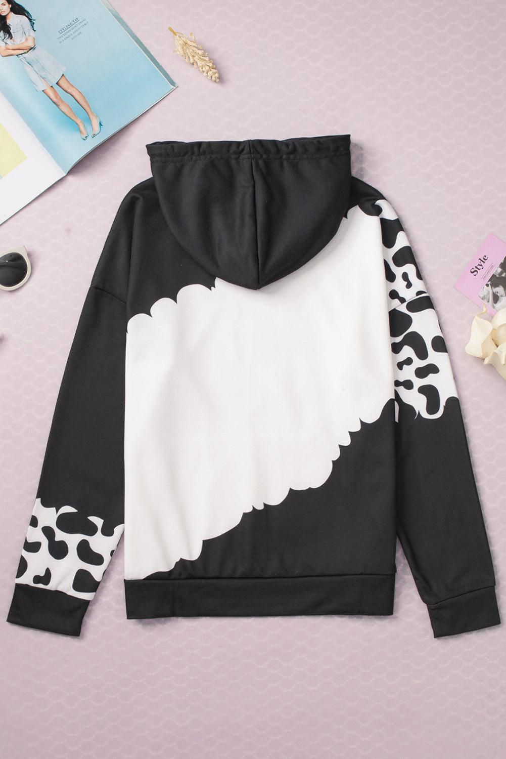 Cow Tie Dye Print Pocketed Drawstring Pullover Hoodie | Black