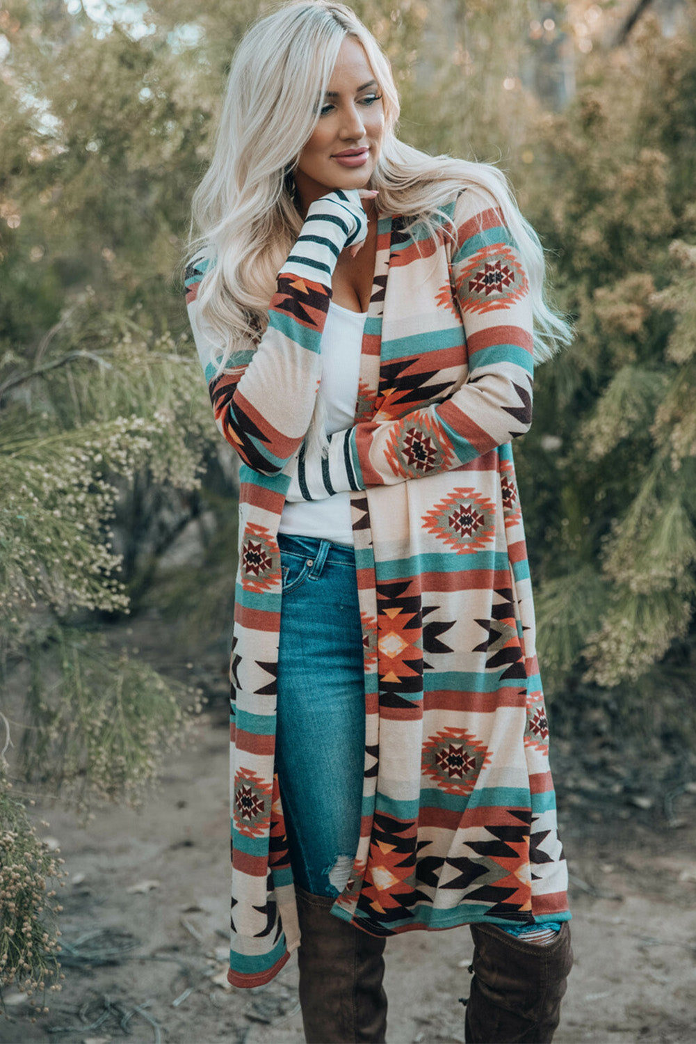 Geometric Colour Block Open Front Long Cardigan | Multicolour