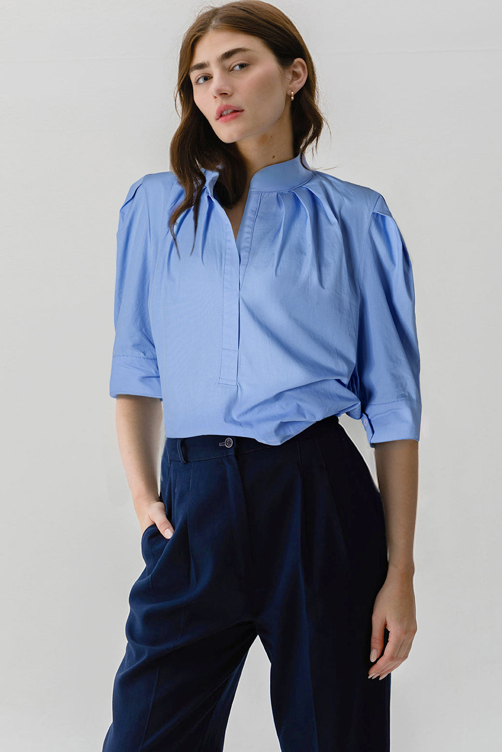 Solid 3/4 Sleeve Buttoned Stand Neck Shirt | Sky Blue