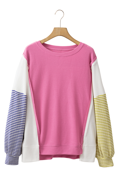 Exposed Seam Striped Colour Block Patchwork Long Sleeve Top | Sachet Pink