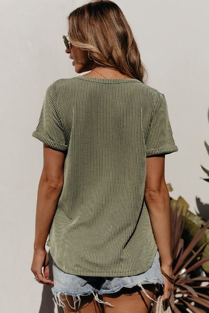 Twist Short Sleeve Corded V Neck Top | Laurel Green