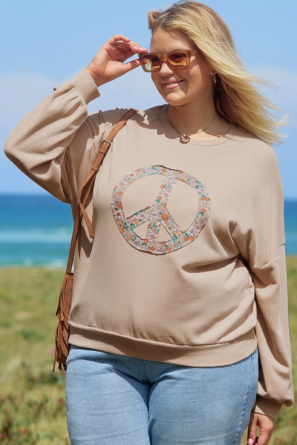 Floral Peace Sign Graphic Washed Terry Plus Size Sweatshirt | Pale Khaki