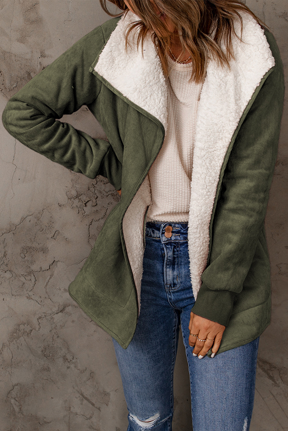 Faux Suede Fleece Lined Open Front Jacket | Green