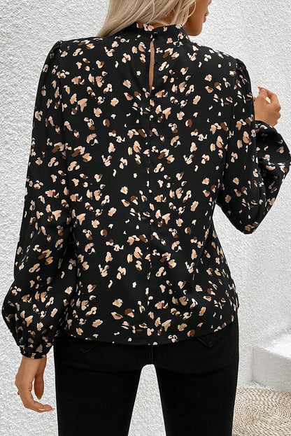 Leopard Print Lantern Sleeve Mock Neck Pleated Blouse | Black