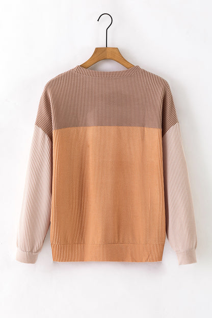 Colour Block Long Sleeve Ribbed Loose Top | Khaki