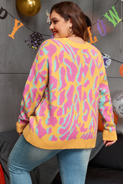 Plus Size Leopard Ribbed Trim Sweater | Bright Pink