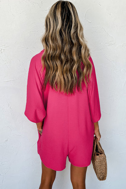 Half Button Collared Loose Romper | Bright Pink