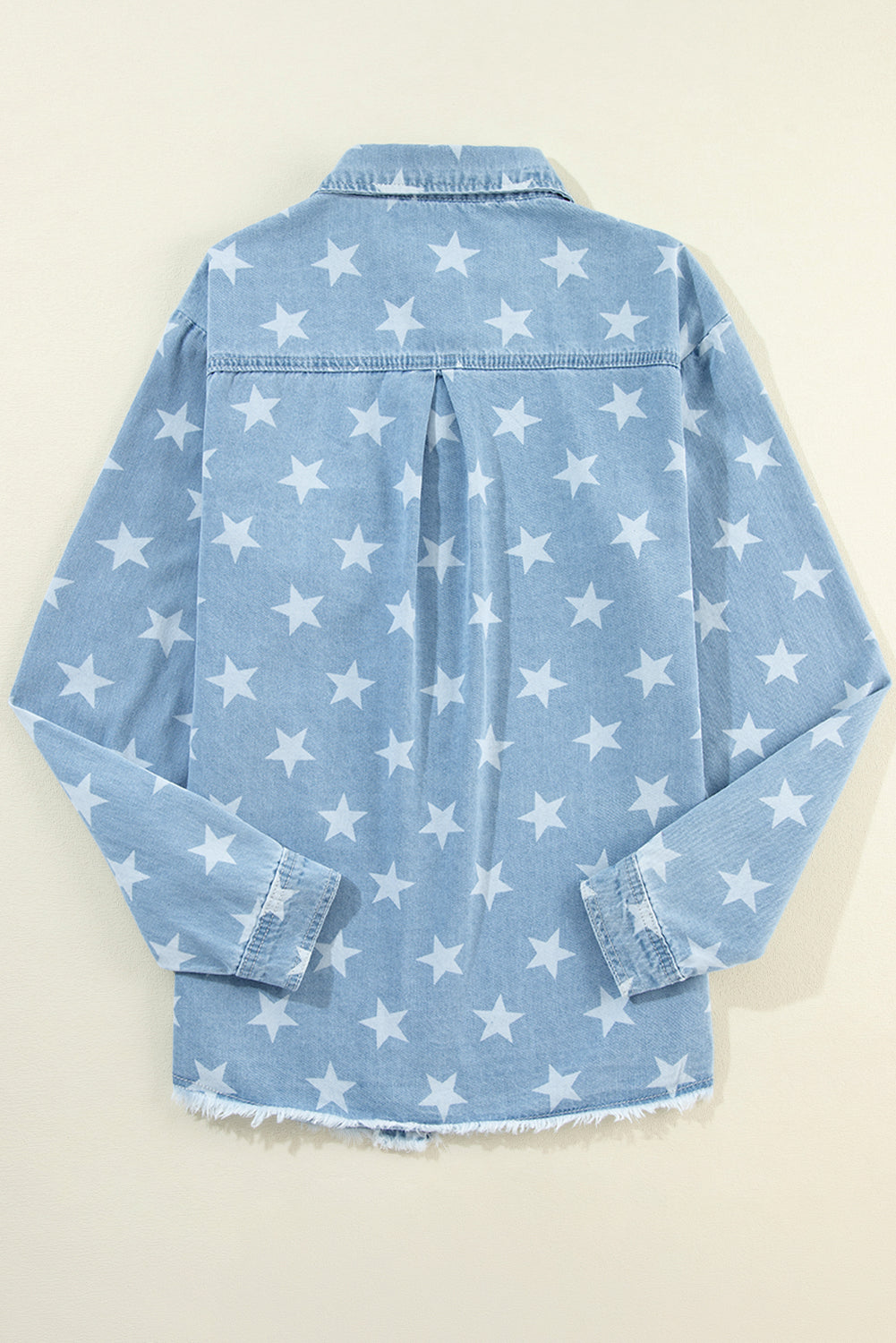 Star Print Light Wash Raw Hem Denim Jacket | Sky Blue