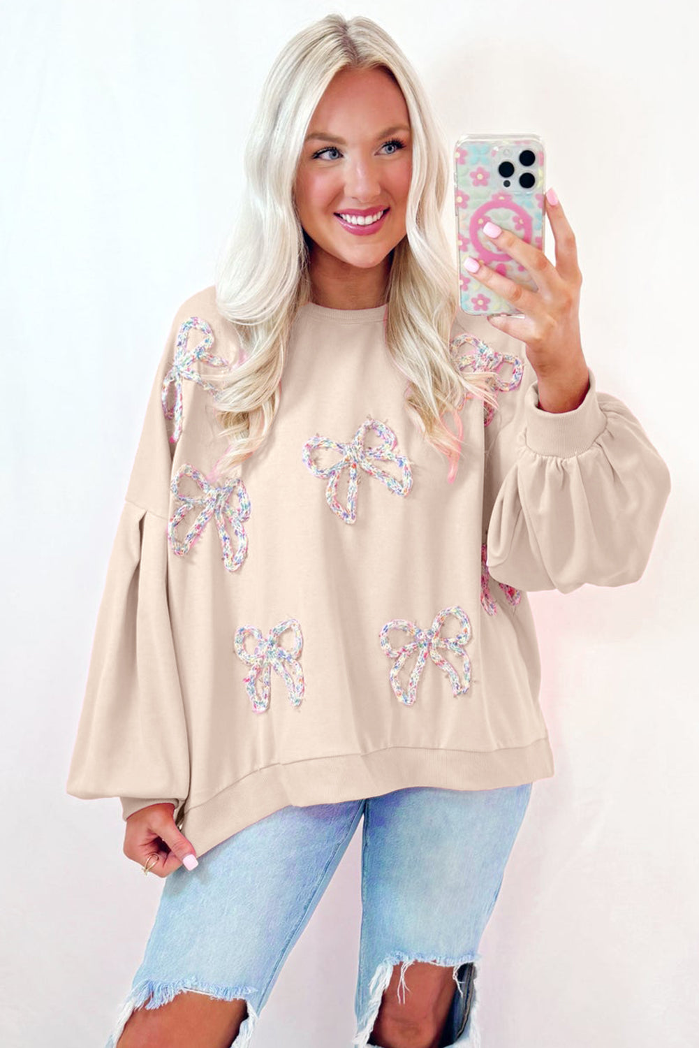 Embroidered Bow Lantern Sleeve Oversized Pullover Sweatshirt | Parchment