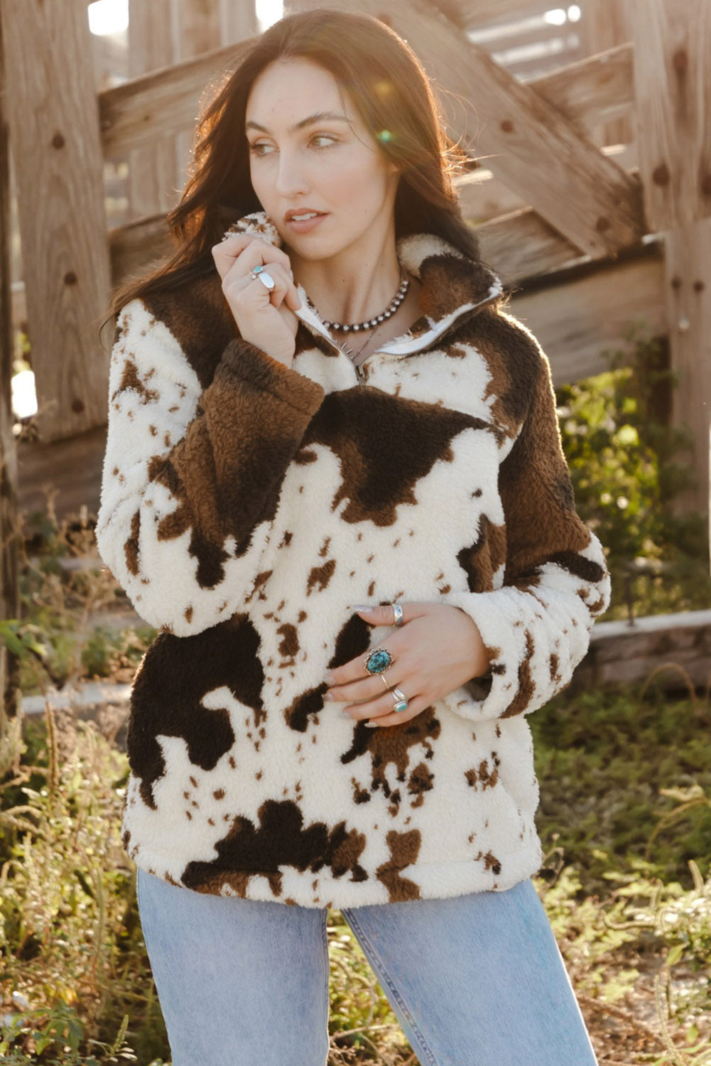 Zip Collar Cow Print Fleece Sweatshirt | White