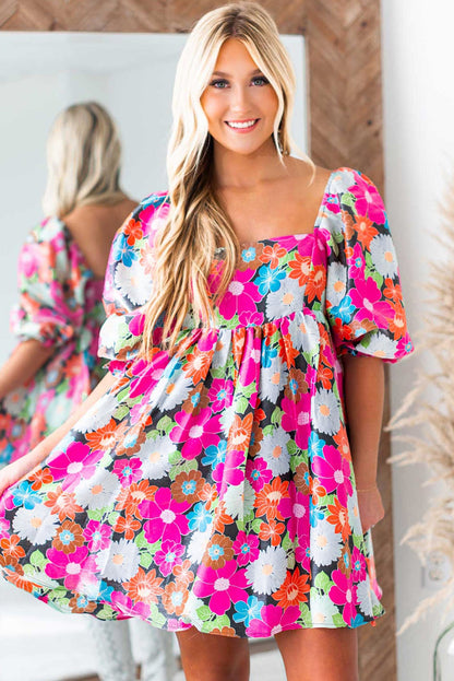 Floral Print Square Neck Short Puff Sleeve Dress | Rose