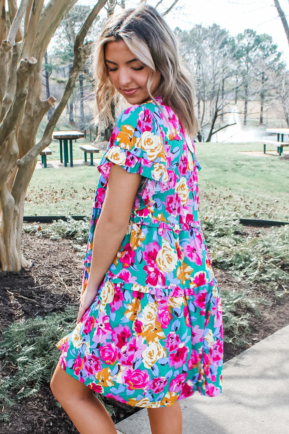 Rose Floral Print Ruffled Short Dress | Green