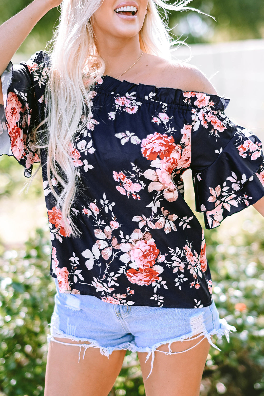 Ruffle Off Shoulder Flounce Sleeve Floral Blouse | Blue